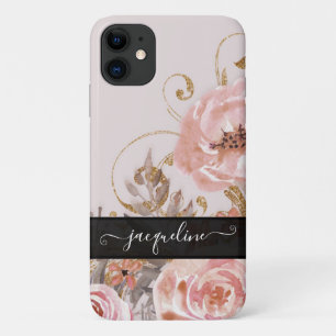 Capa Para iPhone 11 Vintage Rosa Dourado Elegante Cor de Água Preto F