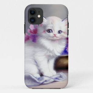 Capa Para iPhone 11 Vintage White Kitten com Flores Rosa e Púrpura