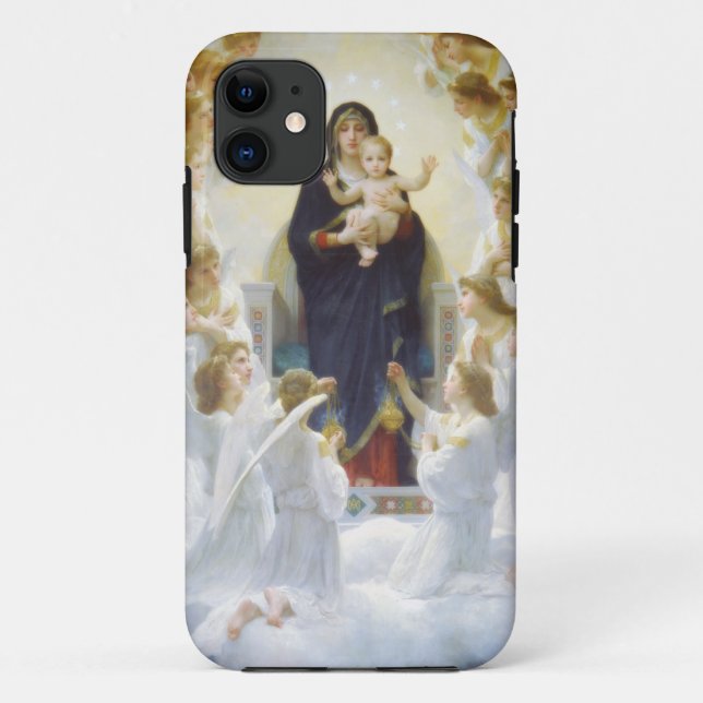 Capa Para iPhone 11 Virgem Maria e Jesus com anjos (Verso)