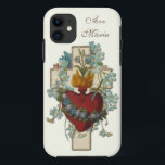 Capa Para iPhone 11 Virgem Maria Floral Religiosa Ave Maria Vintage<br><div class="desc">Apresentando uma bela imagem tradicional católica do coração imaculado e sorridente da Bênção Virgem Maria sobrepôs-se a uma cruz com os nãos-esqueço azuis e o texto latino para "Ave Maria"... Ave Maria.</div>
