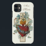 Capa Para iPhone 11 Virgem Maria Floral Religiosa Ave Maria Vintage<br><div class="desc">Apresentando uma bela imagem tradicional católica do coração imaculado e sorridente da Bênção Virgem Maria sobrepôs-se a uma cruz com os nãos-esqueço azuis e o texto latino para "Ave Maria"... Ave Maria.</div>