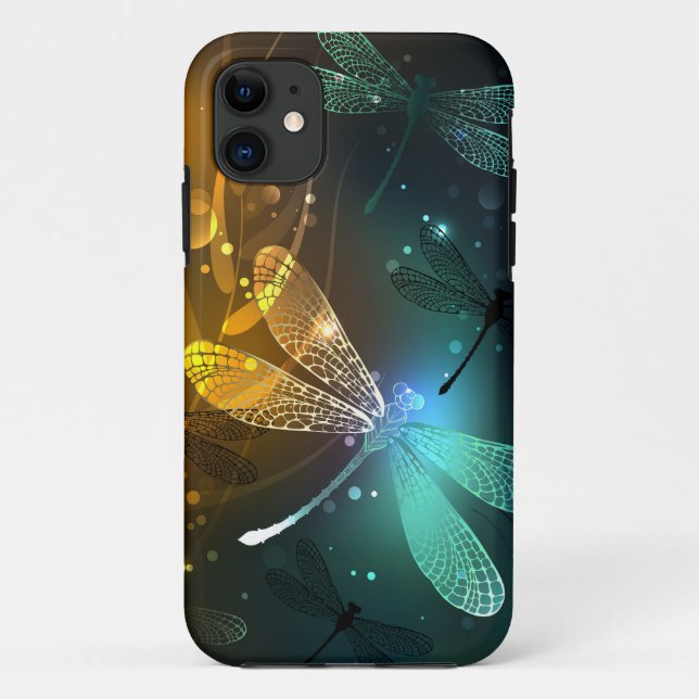Capa Para iPhone 11 Voo luminoso verde de libélula (Verso)