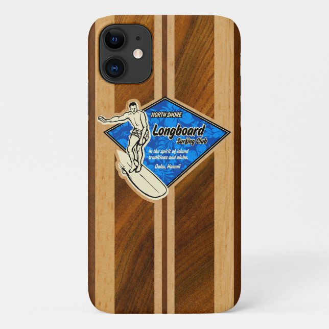 Capa Para iPhone 11 Waimea Surfboard Havaiana Faux Koa Wood Blue (Verso)