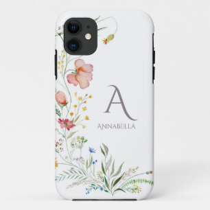 Capa Para iPhone 11 Watercolor Wildflower Custom Monograma e Nome