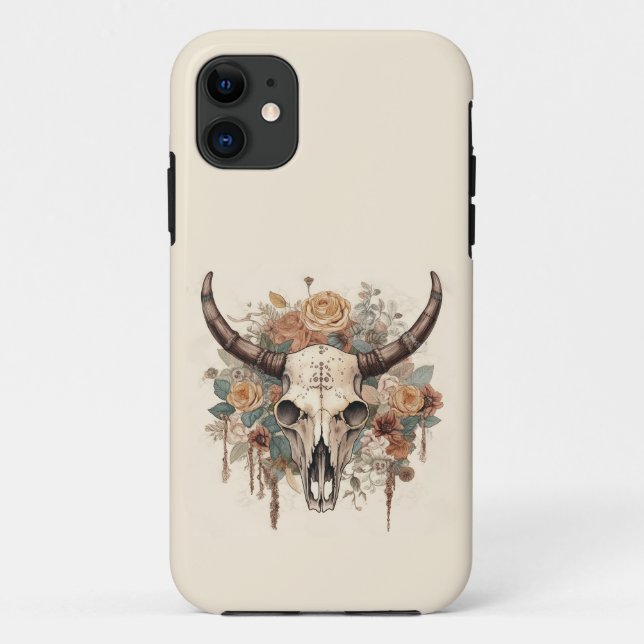 Capa Para iPhone 11 Western Boho Bull Skull Floral (Verso)