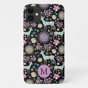 Capa Para iPhone 11 Whimsical Winter Deer Snowflakes Monograma do padr