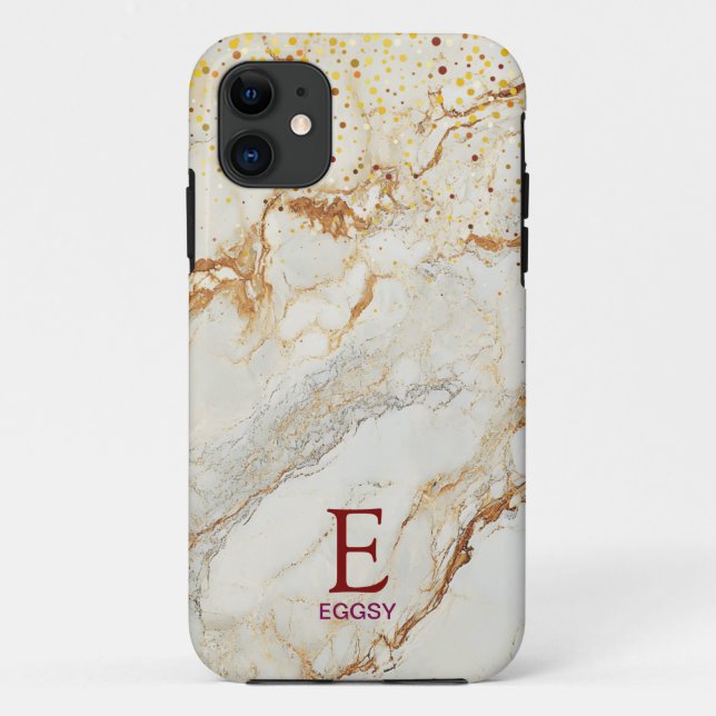 Capa Para iPhone 11 White marble chic gold glitter monogram (Verso)