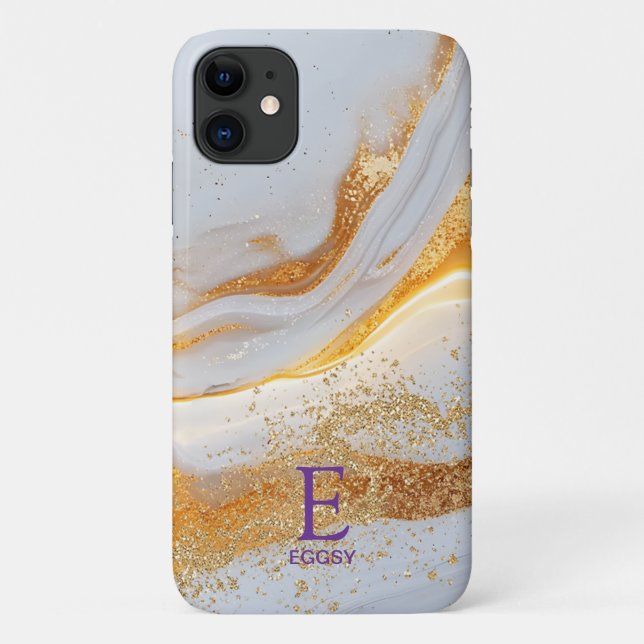 Capa Para iPhone 11 White marble chic gold glitter monogram (Verso)