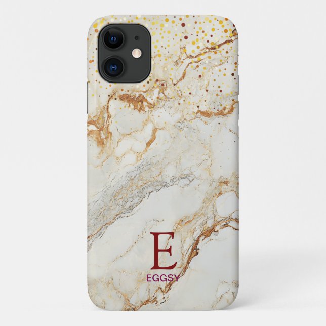Capa Para iPhone 11 White marble chic gold glitter monogram (Verso)