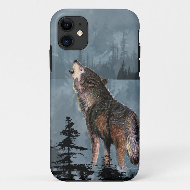 Capa Para iPhone 11 Wolf Howling, Solitário de aquarela, através do la (Verso)