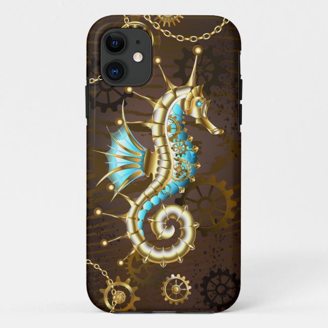 Capa Para iPhone 11 Wooden Background with Mechanical Seahorse (Verso)