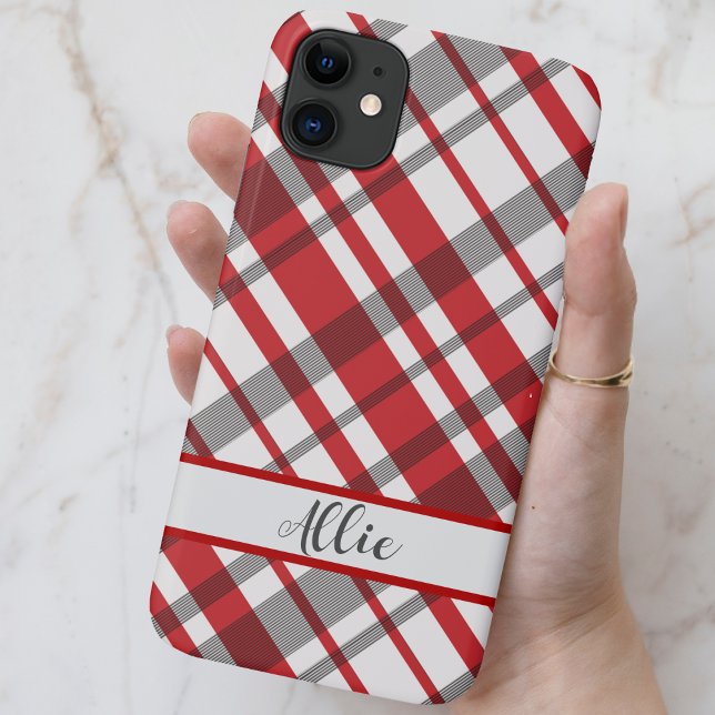 Capa Para iPhone 11 Xadrez de Tartan Vermelho, Branco e Cinza Personal (Red, White and Gray Tartan Plaid Custom Phone Case - Select your phone size and add your name!)