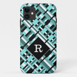 Capa Para iPhone 11 Xadrez em Aqua, Teal, Monograma Preto e Branco