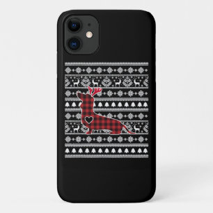 Capa Para iPhone 11 Xadrez Vermelha Buffalo Dachshund Dog Natal