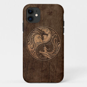 Capa Para iPhone 11 Yin Yang Dragons com efeito de grão de madeira