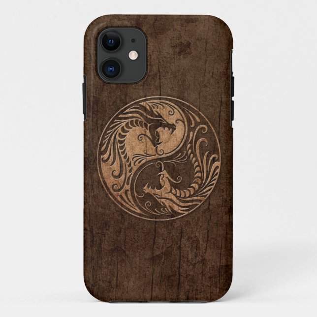 Capa Para iPhone 11 Yin Yang Dragons com efeito de grão de madeira (Verso)