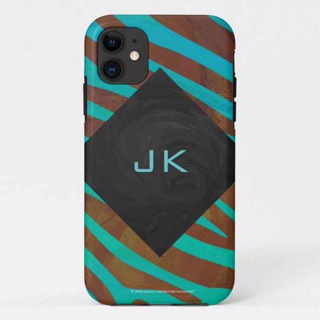Capa Para iPhone 11 Zebra Brown e Teal com Monograma (Verso)