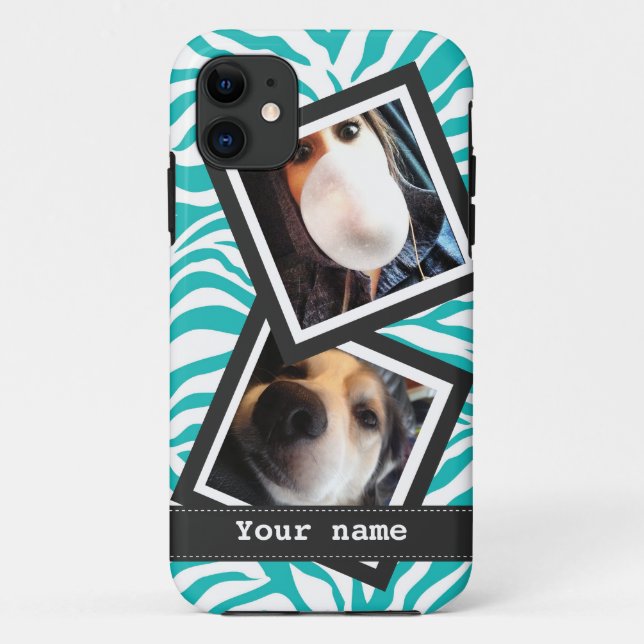Capa Para iPhone 11 Zebra de turquesa com as 2 fotos quadradas de (Verso)