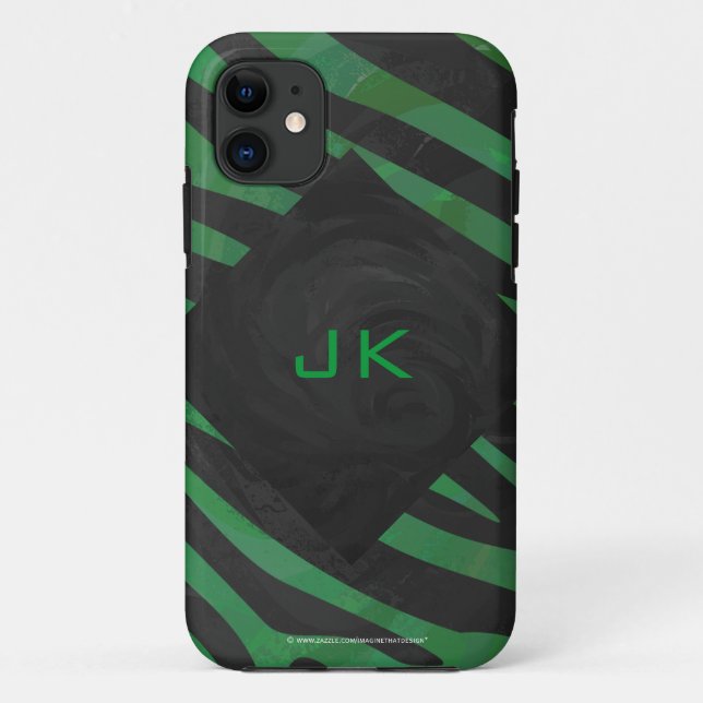 Capa Para iPhone 11 Zebra Monograma Impressão preto e verde (Verso)