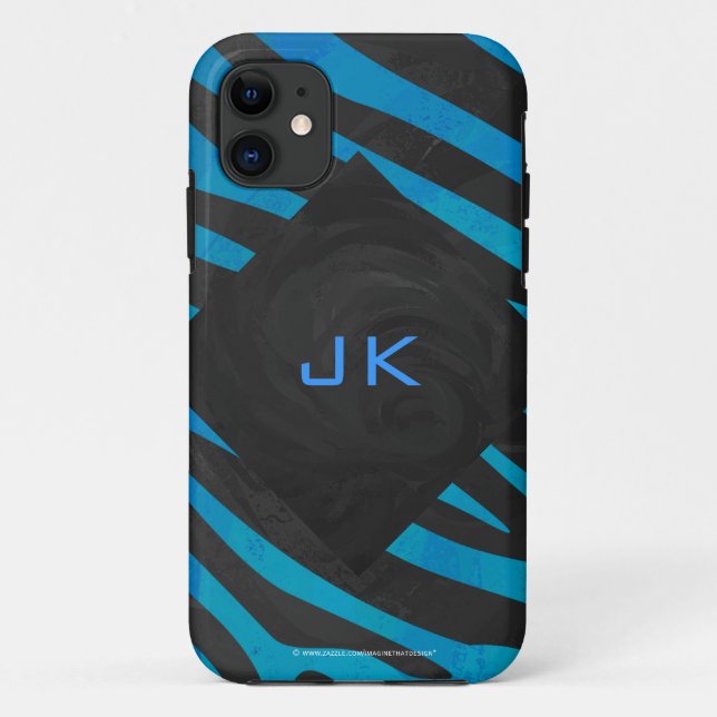 Capa Para iPhone 11 Zebra Preta e Azul com Monograma (Verso)