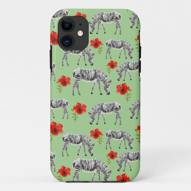 Capa Para iPhone 11 Zebras Entre Flores de Hibiscus (Verso)