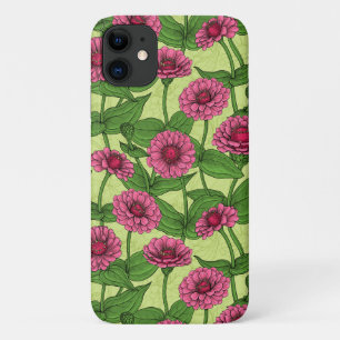 Capa Para iPhone 11 Zinnias cor-de-rosa em verde claro