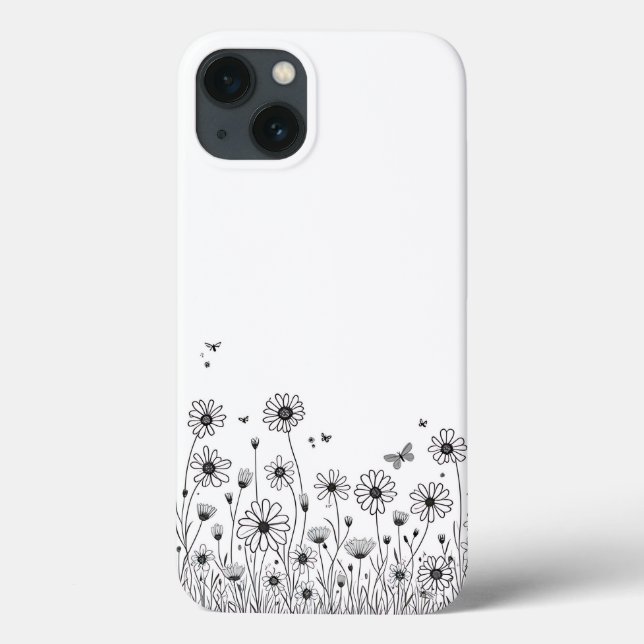 Capa para iPhone 13 Flor Silvestre Preta e Branca (Verso)