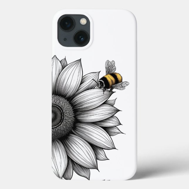 Capa para iphone 13 Girassol com Abelha Preto e Br (Verso)