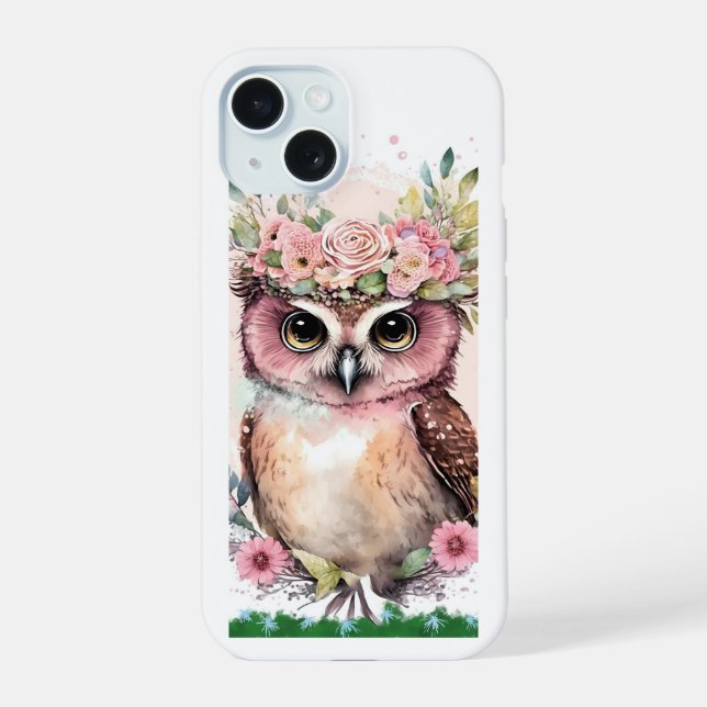 Capa para iPhone 15 com Coruja Fofa & Flores (Verso)