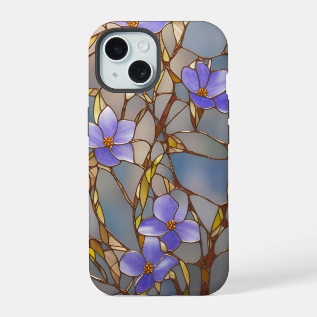 Capa para iPhone 15 Flores Roxas Vidro Pintado (Verso)