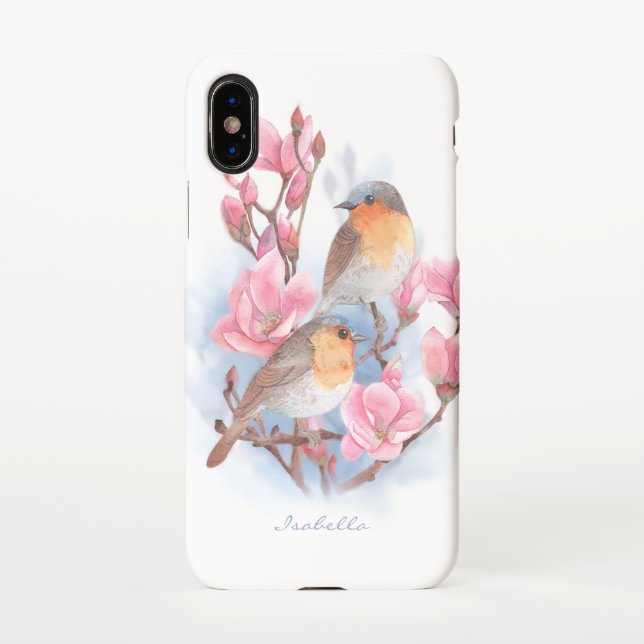 Capa Para iPhone Aves Aquáticas Em Árvore Magnólia Com Nome (Verso)