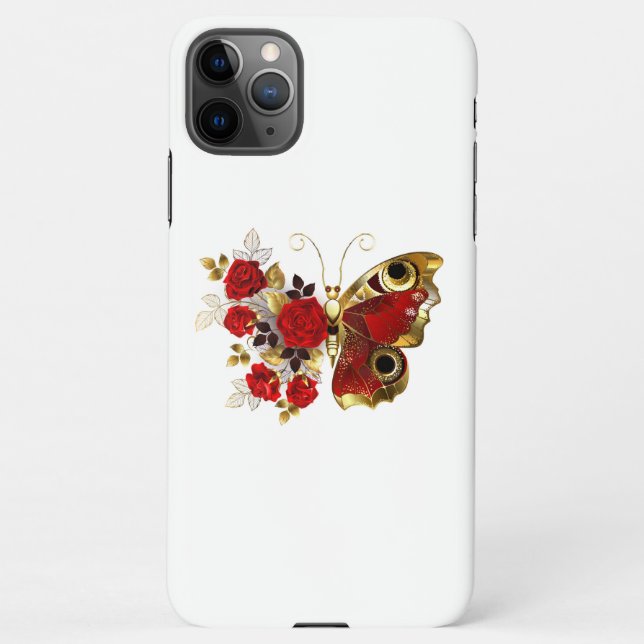 Capa Para iPhone Borboleta de flor vermelha com rosas vermelhas (Verso)