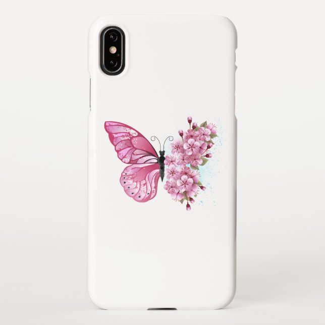 Capa Para iPhone Borboleta Flor com Sakura Rosa (Verso)