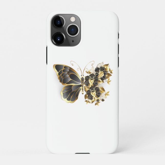 Capa Para iPhone Borboleta Flor Dourada com Orquídea Preta (Verso)