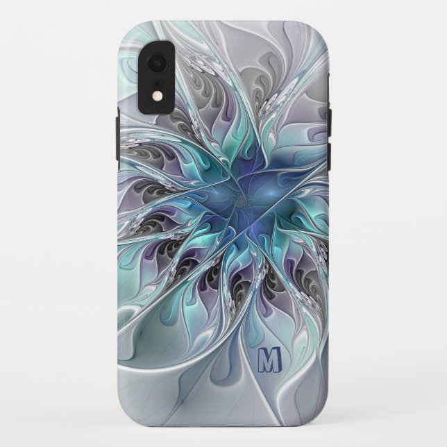 Capa Para iPhone, Case-Mate Abstrato Moderno Flor Fractal Com Monograma Azul (Verso)