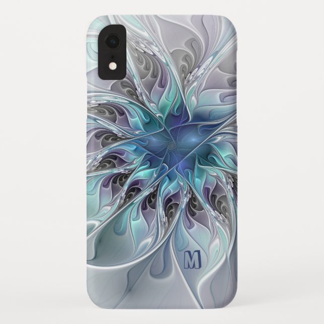 Capa Para iPhone, Case-Mate Abstrato Moderno Flor Fractal Com Monograma Azul (Verso)