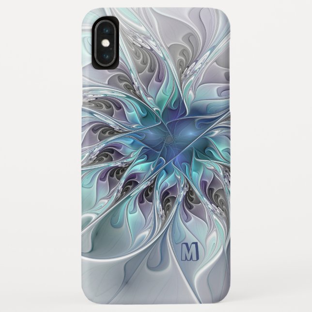 Capa Para iPhone, Case-Mate Abstrato Moderno Flor Fractal Com Monograma Azul (Verso)