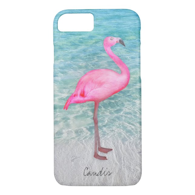 Capa Para iPhone, Case-Mate Adicione Seu Nome Pink Flamingo Tropical Beach Mod (Verso)