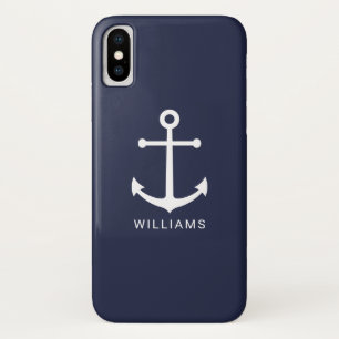 Capa Para iPhone Da Case-Mate Âncora branca náutica e nome personalizado em azul