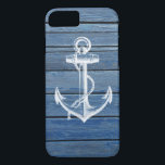 Capa iPhone 8/ 7 Âncora e madeira brancas do azul do vintage<br><div class="desc">Uma âncora e um vintage brancos desvaneceram-se os painéis de madeira azuis. Um design popular no fundo de madeira da textura. O presente original perfeito para cada ocasião</div>