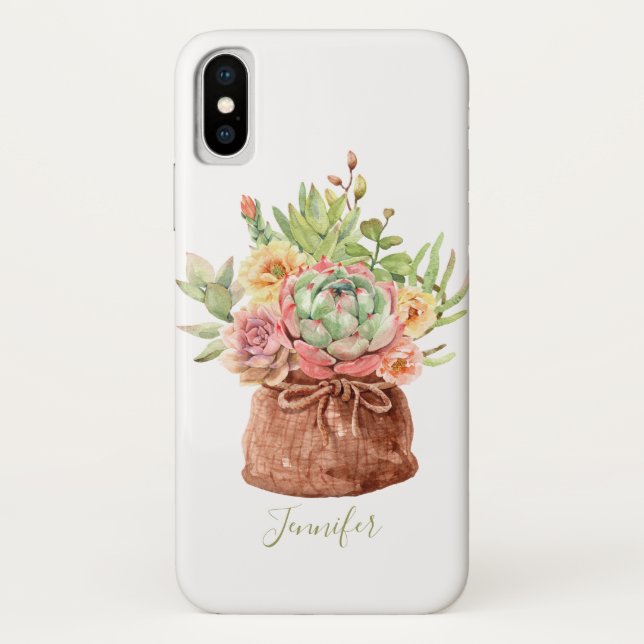 Capa Para iPhone, Case-Mate Aquarela Suculenta Floral Botânica Personalizada (Verso)