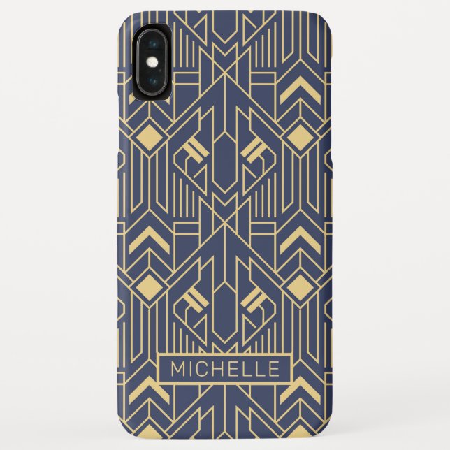 Capa Para iPhone, Case-Mate Art Deco Azul Nome Geométrico Personalizado Dourad (Verso)