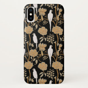 CAPA PARA iPhone X ART DECO BROWN FLOWERS, PARRÓGÃOS BRANCOS EM PRETO