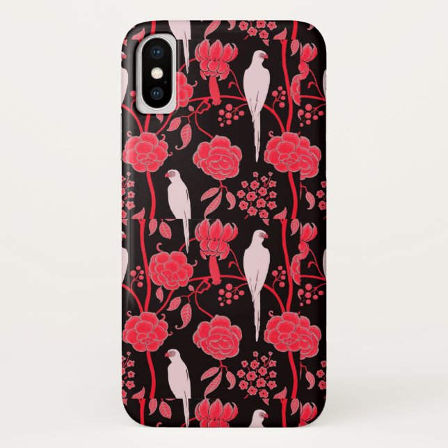 CAPA PARA iPhone, Case-Mate  ART DECO RED FLOWERS, PARRÓGÃOS BRANCOS A PRETO (Verso)