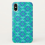 Capa Para iPhone X Art Deco Wallpaper Padrão, Turquesa e Cobalto<br><div class="desc">Arte Deco — Papel de parede geométrico em azul de cobalto,  aqua e branco sobre fundo de turquesa/pavão</div>