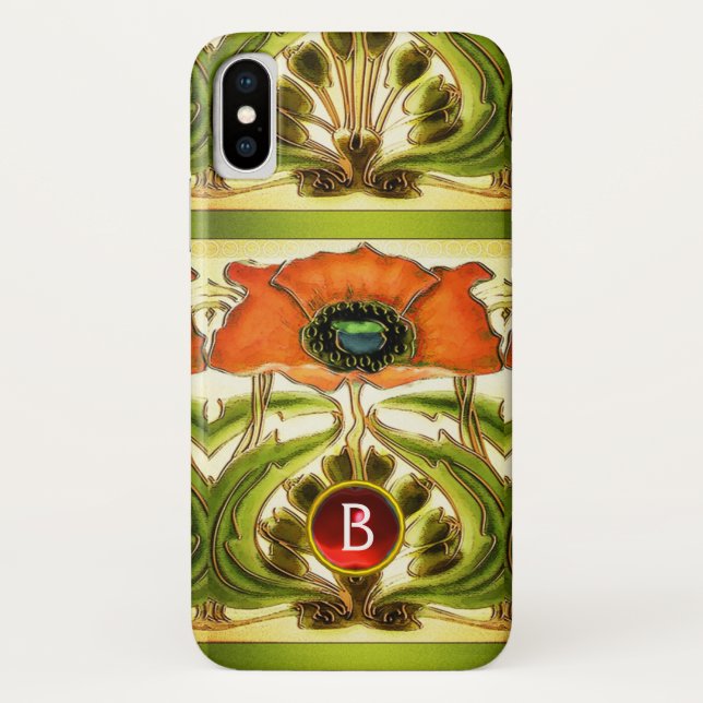 CAPA PARA iPhone, Case-Mate  ART NOUVEAU ESTILIZOU MONOGRAMA VERDE VERMELHA DE  (Verso)