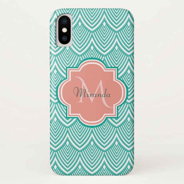 Capa Para iPhone, Case-Mate Arte Verde Teal Deco Fish Escala Rosa Monograma No (Verso)