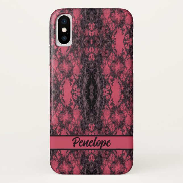 Capa Para iPhone, Case-Mate Artesanato do padrão de rendas rosa do Damasco gót (Verso)