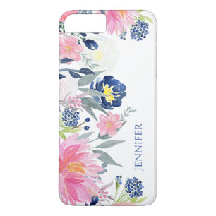 Capa iPhone 8 Plus/7 Plus Azuis marinhos e flores cor-de-rosa da aguarela