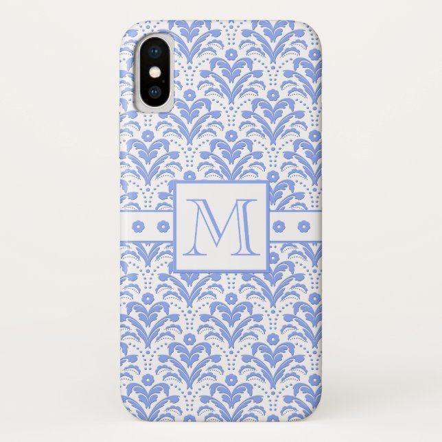 Capa Para iPhone, Case-Mate Azul Elegância Perfeito e Damasco Monograma Branco (Verso)